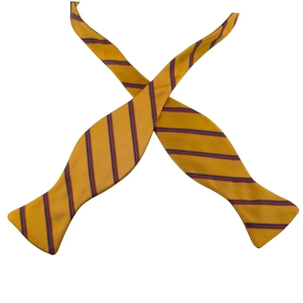 J Hanamer Silk Self Tie Bow Tie Gold‎ Navy Burgundy Repp Stripe USA Handmade Ivy